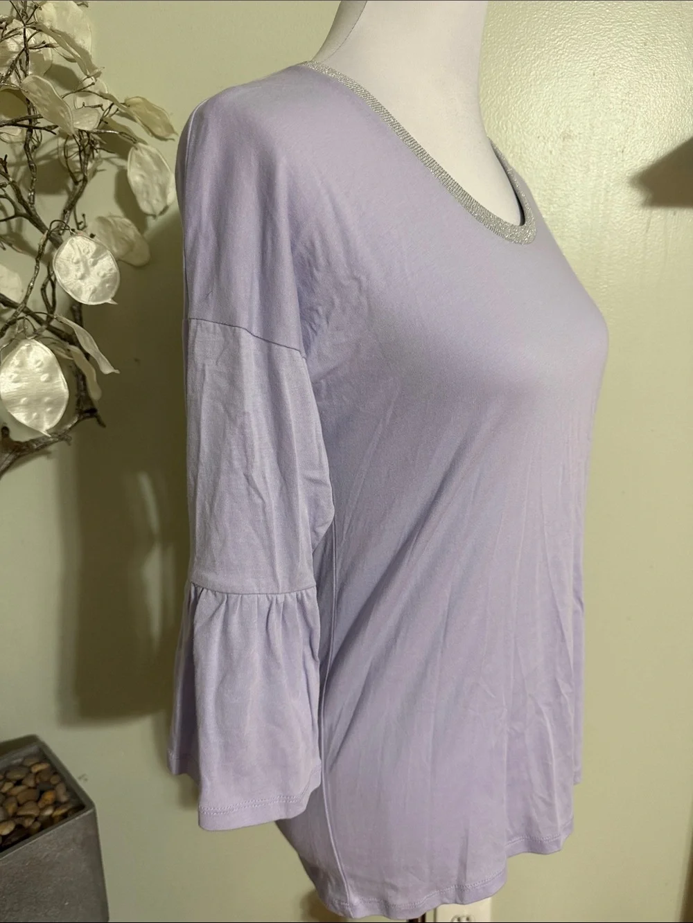 Michael Kors Lavender Ruffle-Sleeve Top with Silver Neckline